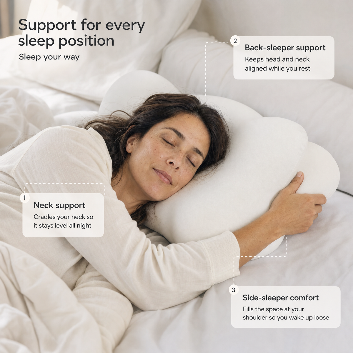 Woman sleeping on her side on the Orbit contour pillow