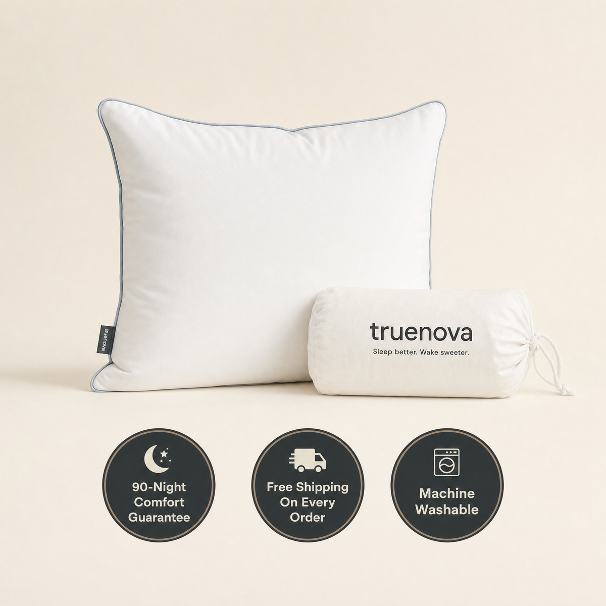 Haven pillow with Truenova bag, 90-night comfort guarantee, free shipping, machine washable