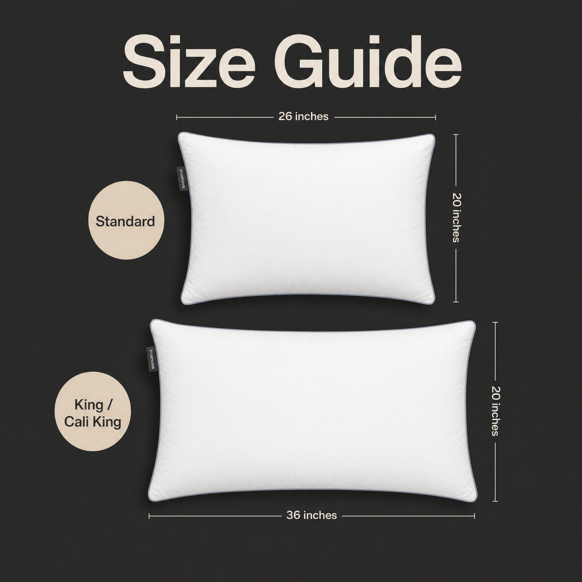 Haven size guide, Standard 20 x 26 inches and King/Cali King 20 x 36 inches