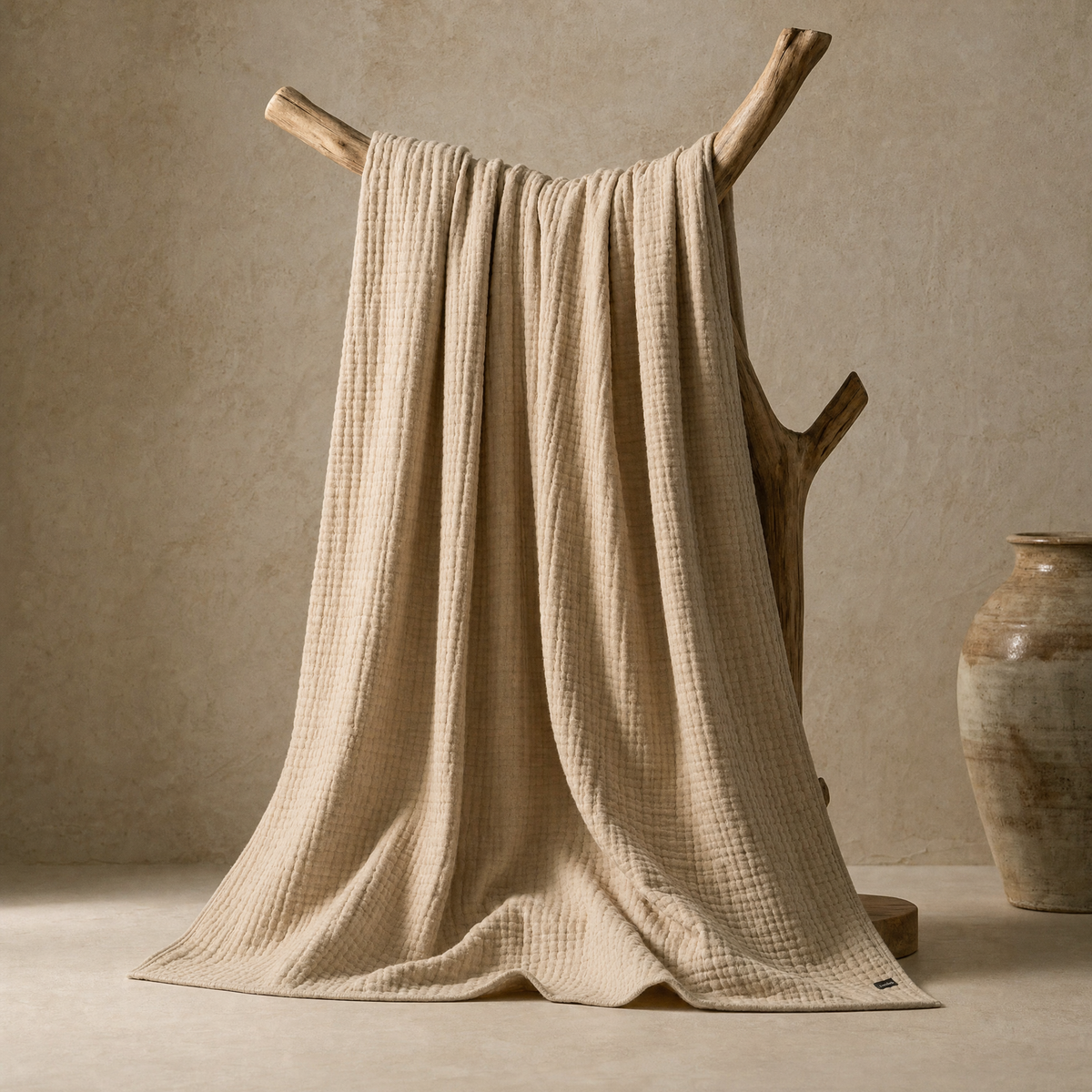 Breeze muslin blanket draped over a wooden branch stand