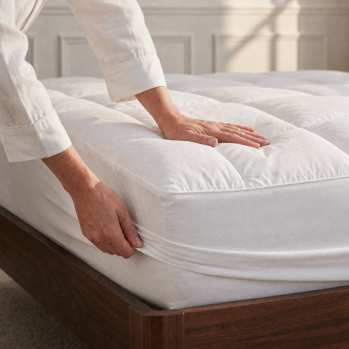 Deep-pocket elastic skirt hugs the mattress corner