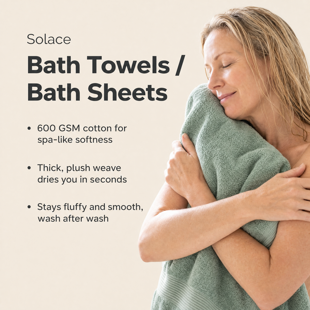 Woman hugging a Solace bath towel, bath towels and bath sheets features