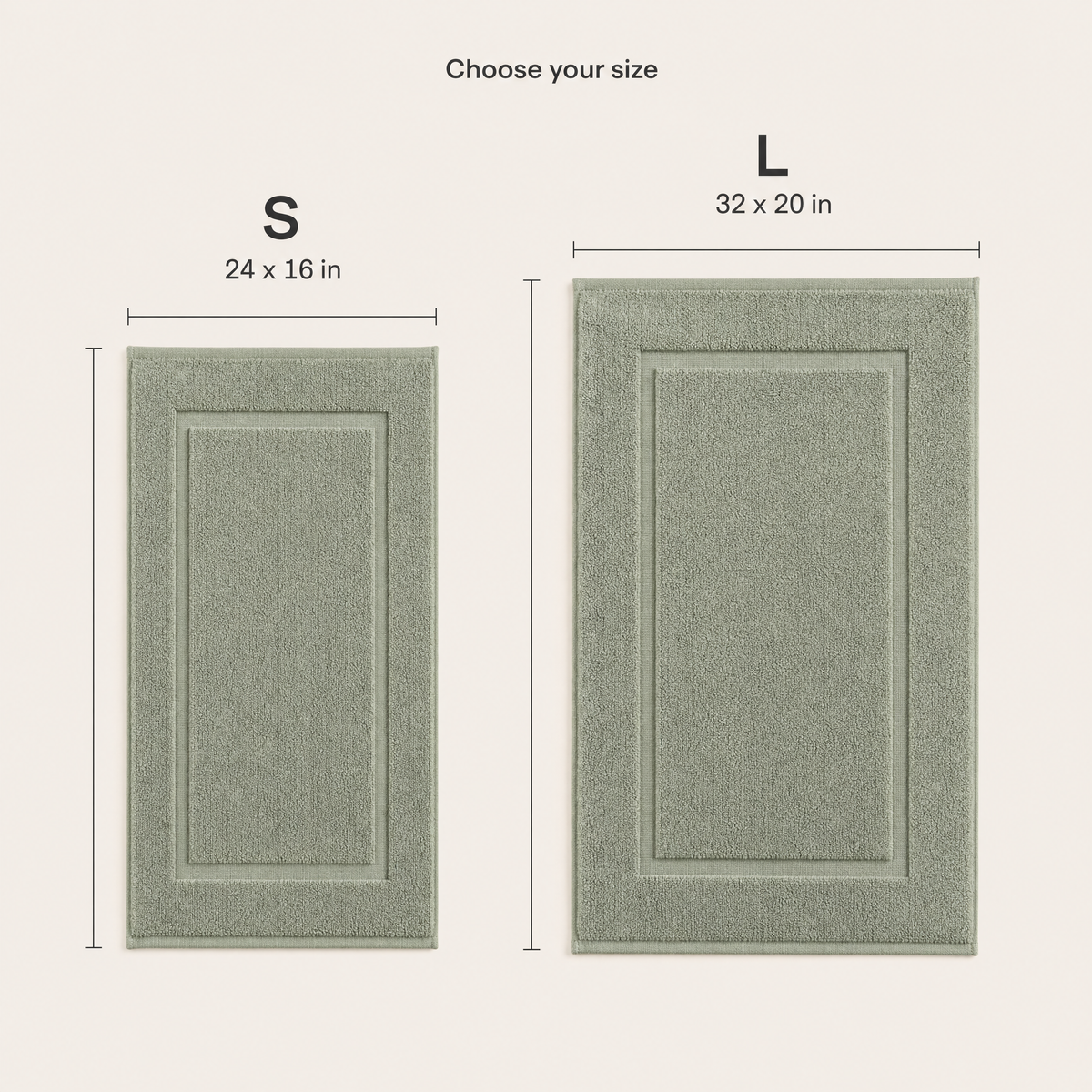 Solace bath mat size guide, S 24 x 16 in and L 32 x 20 in