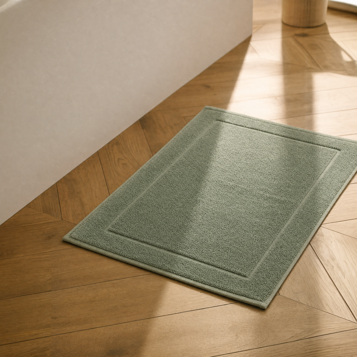 Truenova Solace plush cotton bath mat in Sage on a bathroom floor