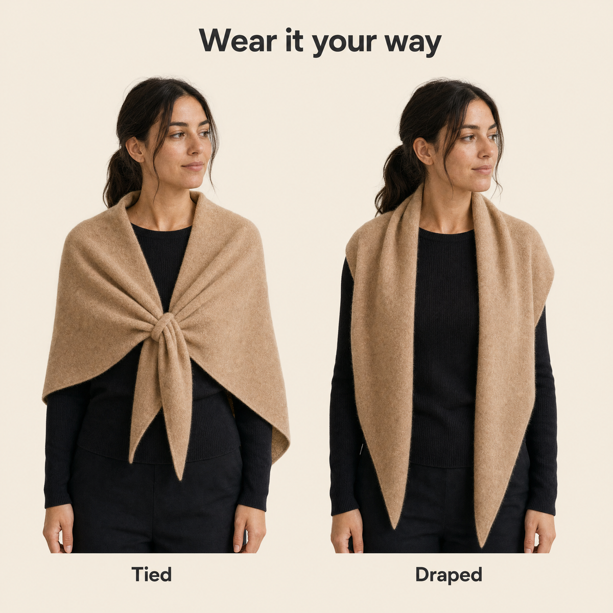 Two ways to wear the Muse shawl, tied or draped