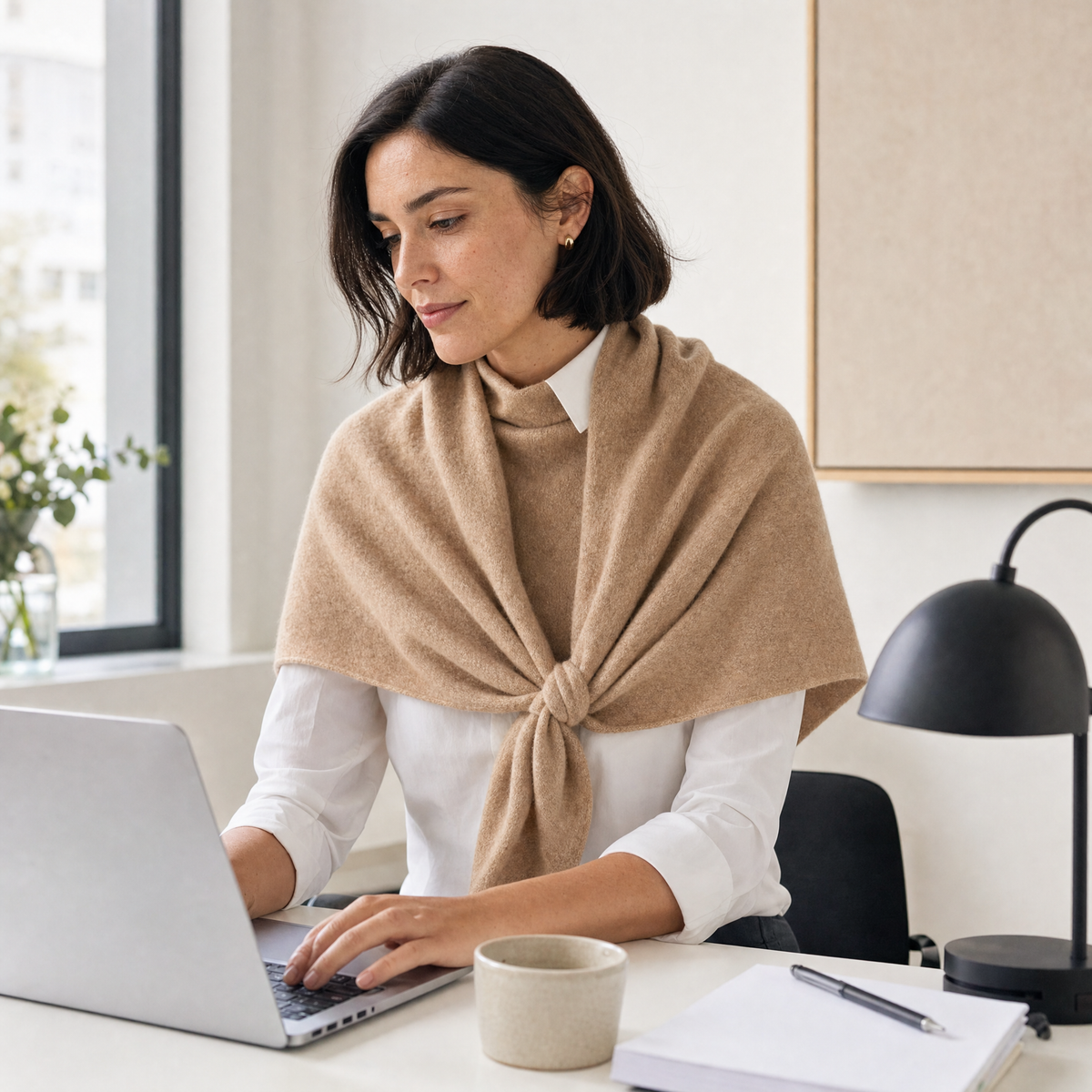 Woman at her office desk wearing the Muse shawl