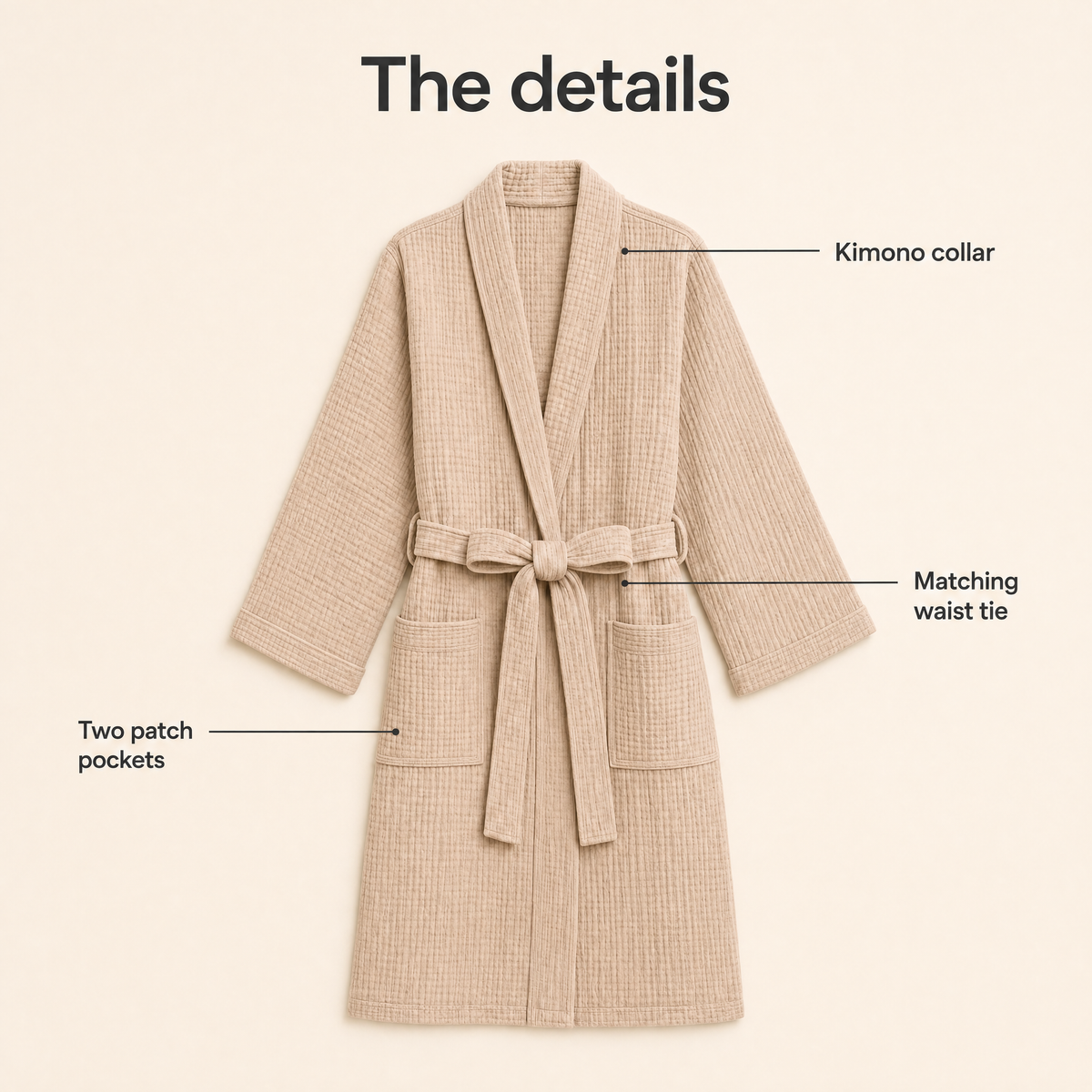 Breeze robe details, kimono collar, waist tie and two patch pockets