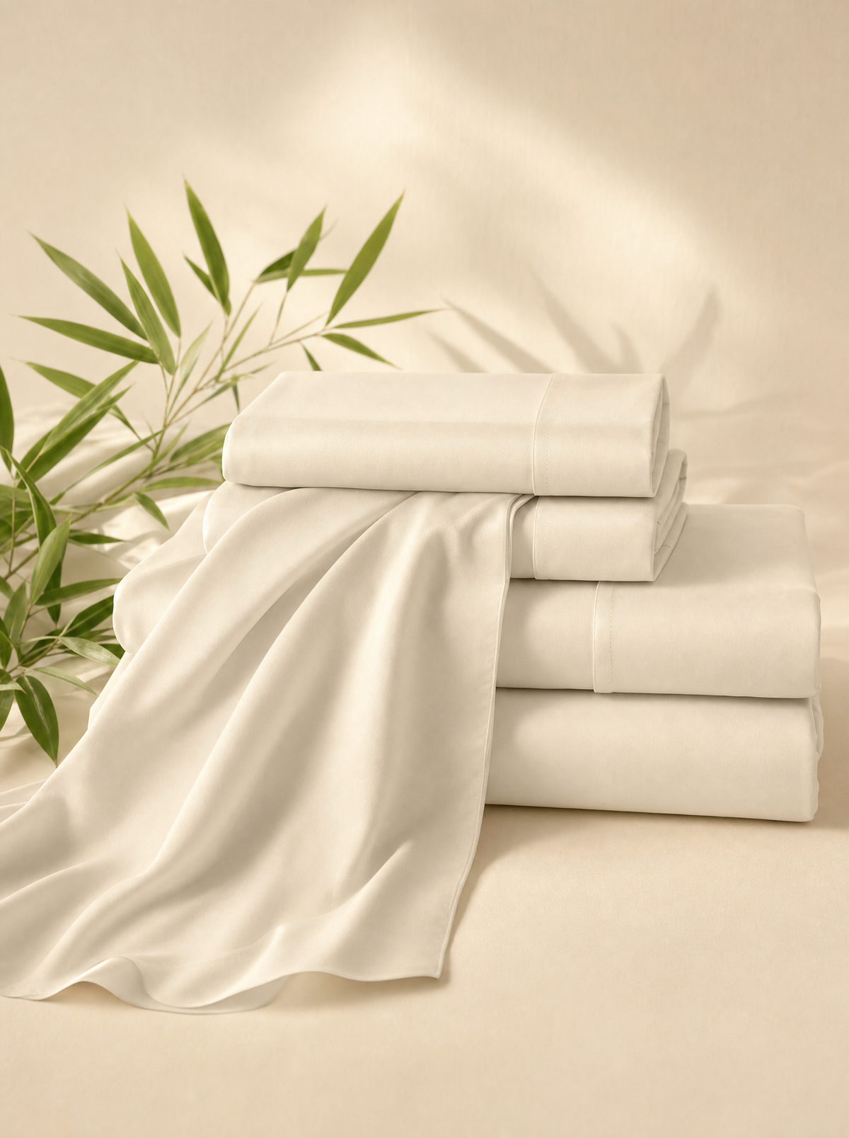 Willow 100% Bamboo Sheet Set folded with bamboo leaves