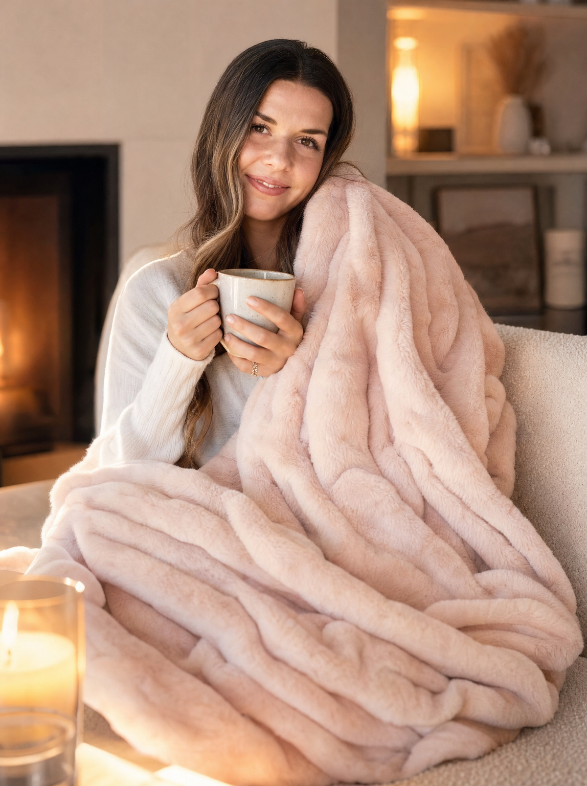 Woman wrapped in the Embrace blanket with tea