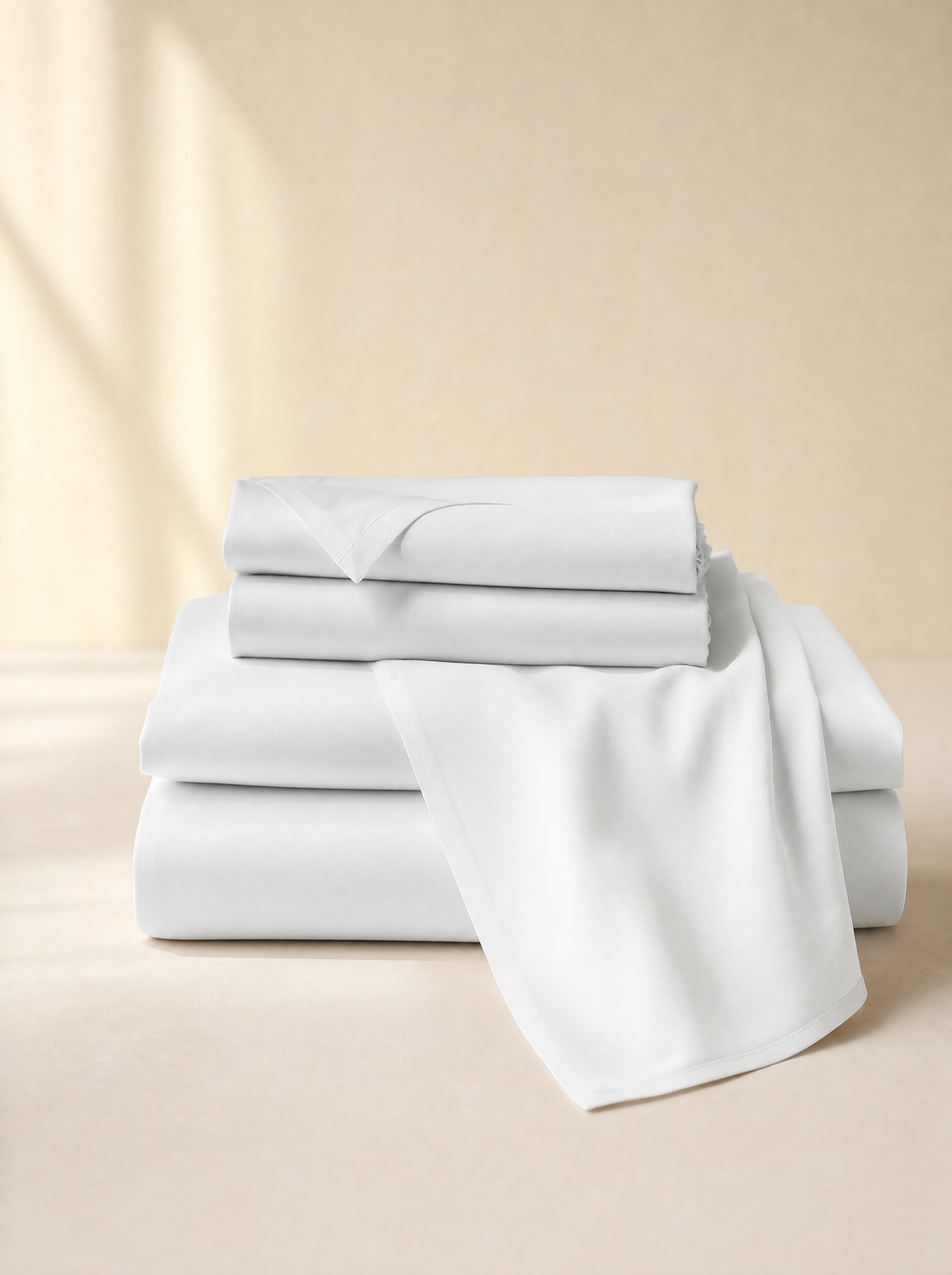 Satine Buttery Sateen Sheet Set folded on a cream backdrop