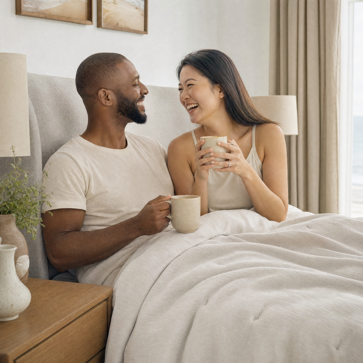 Couple enjoying morning coffee under the Drift comforter