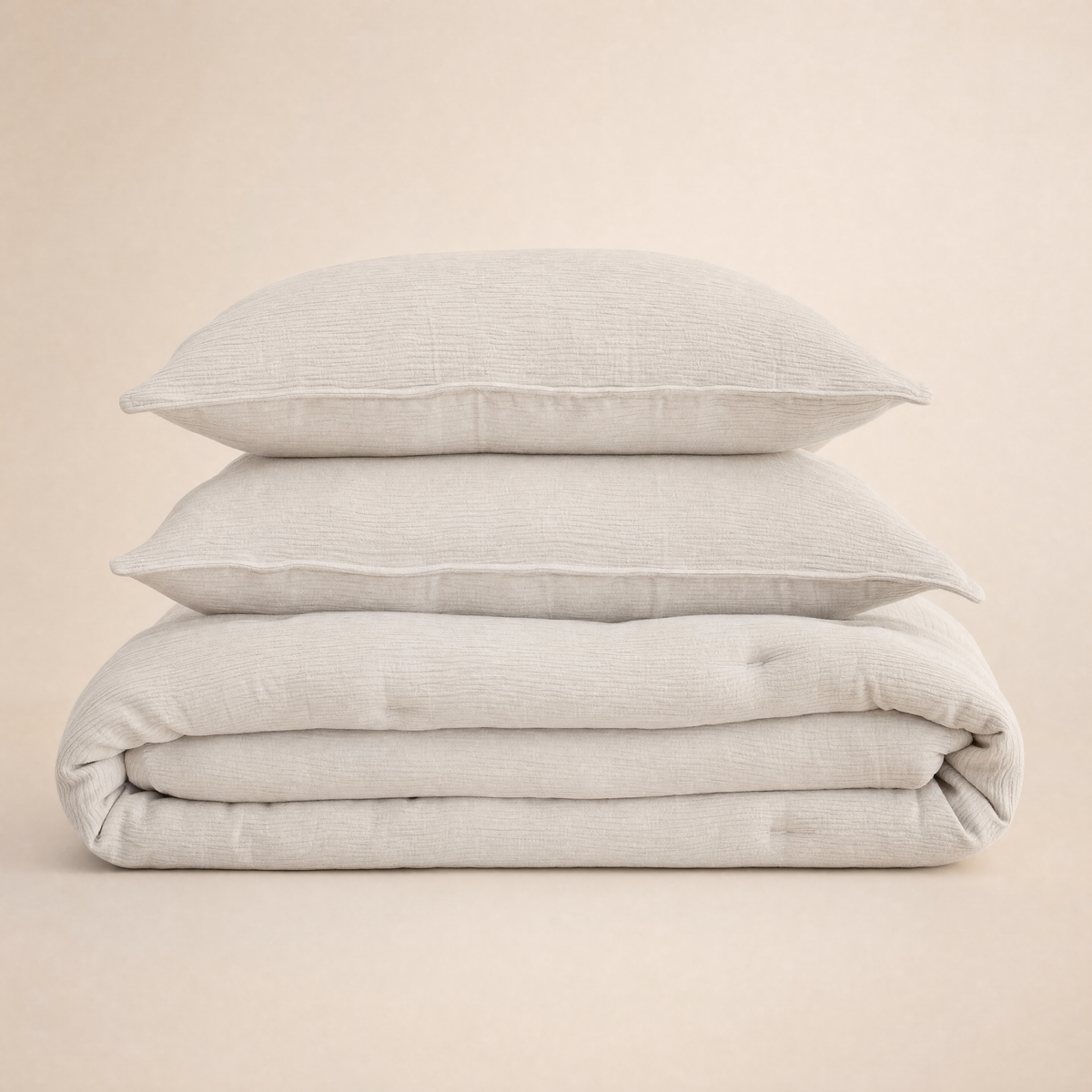 Drift cloud weave comforter set in dune, folded with shams