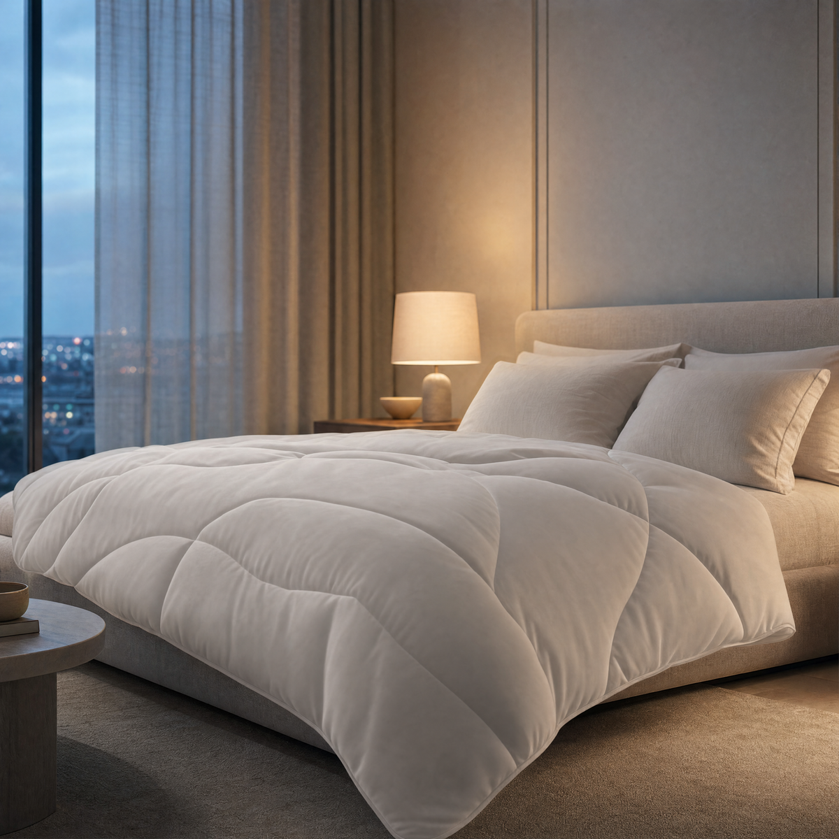 Polar comforter on a bed at blue hour
