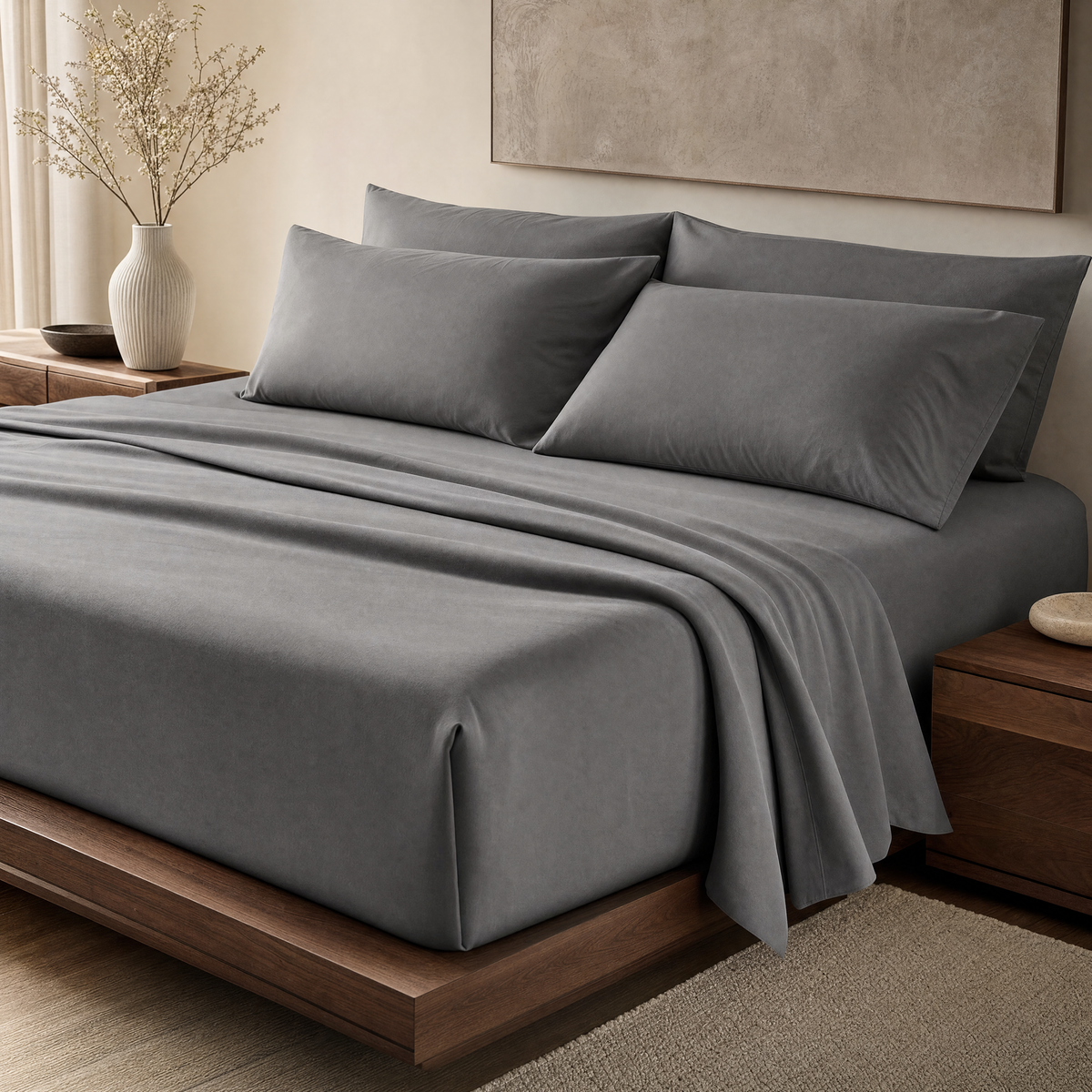 Bed made with Rest grey sheets and four pillows