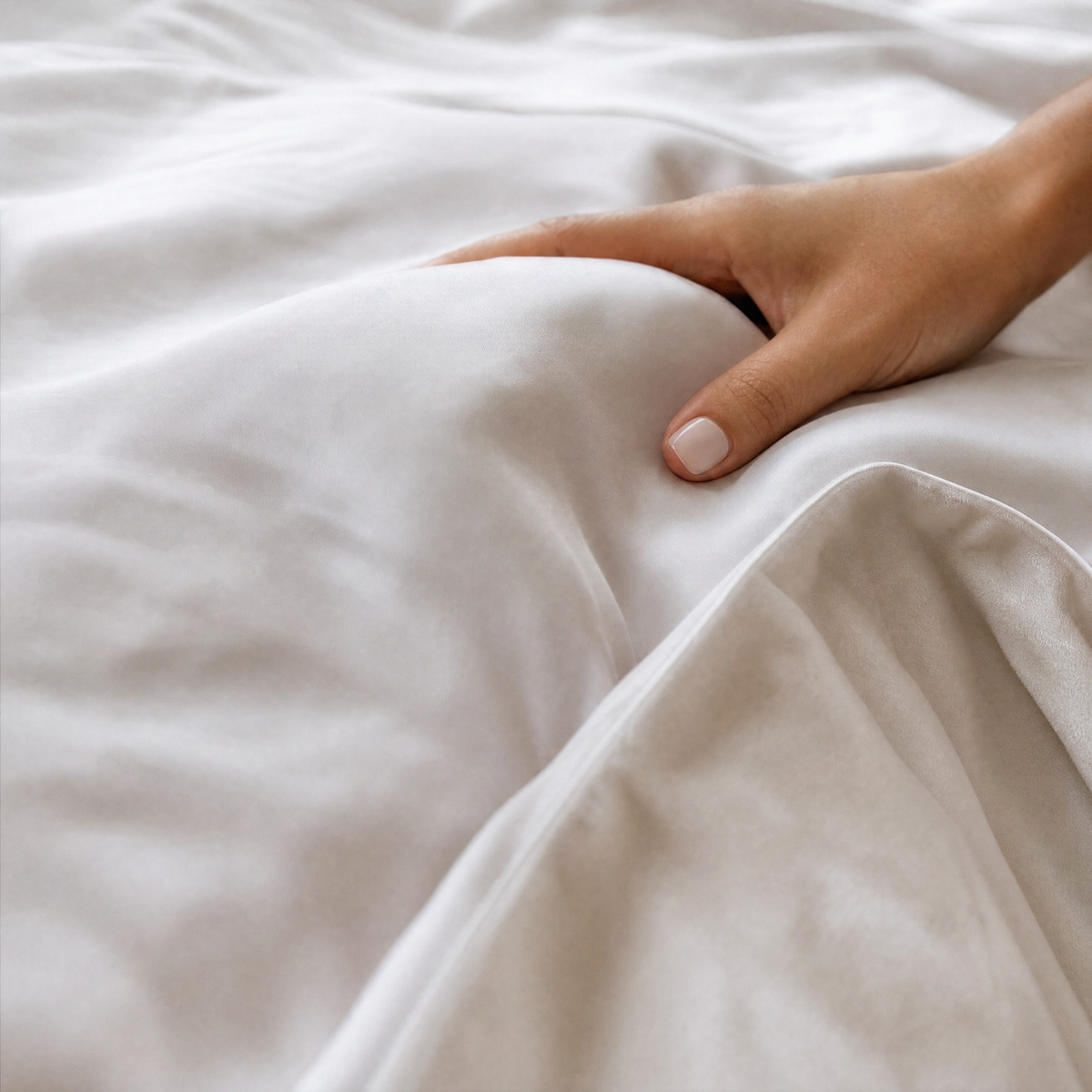 Hand pressing into the smooth Frost comforter fabric