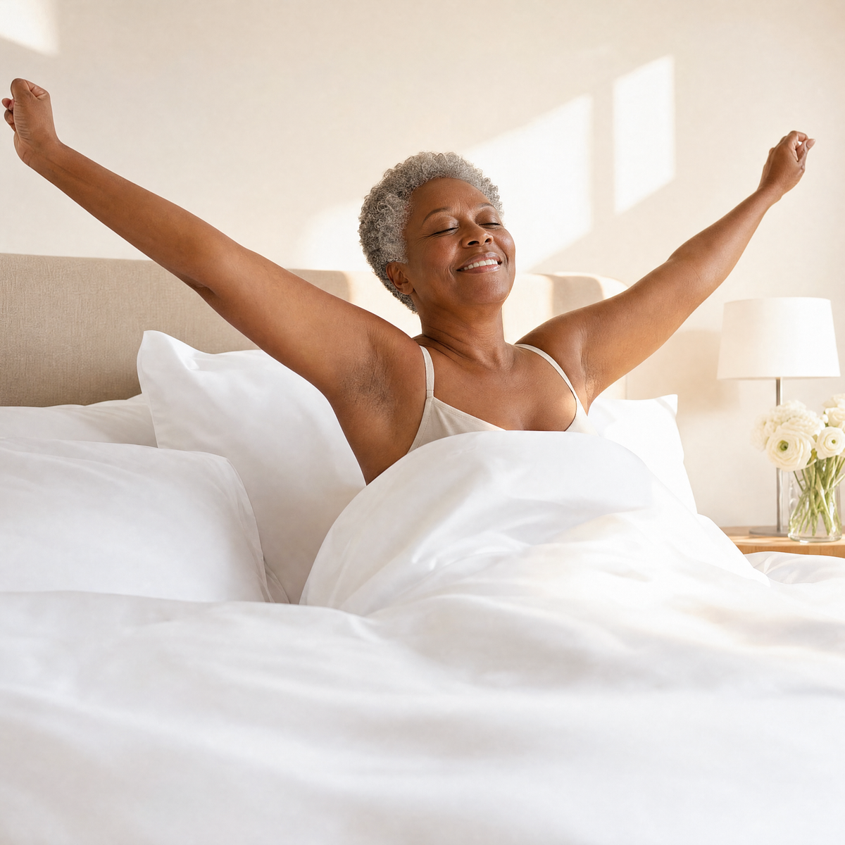 Woman waking up in Satine sateen sheets