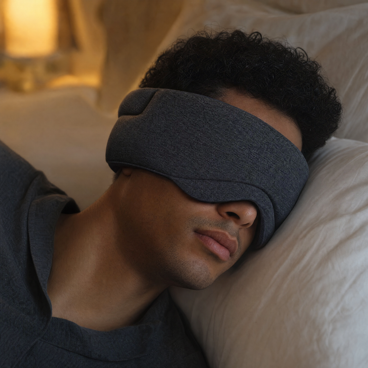 Man sleeping on his side wearing the sleep mask headphones