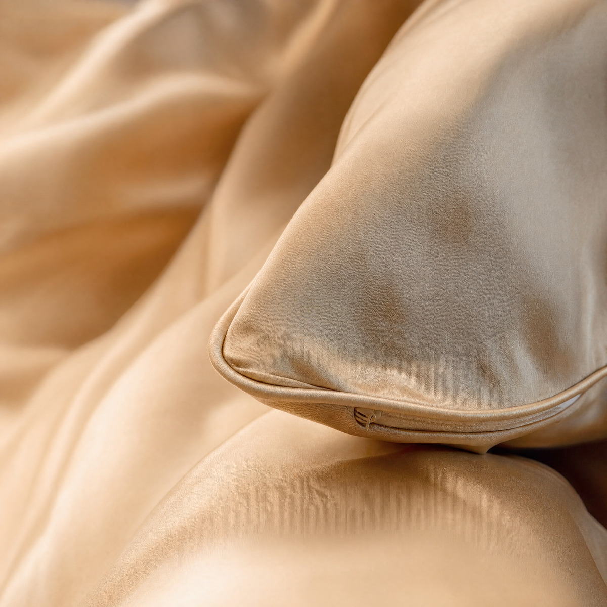 Close-up of the silk sheen and piped edge