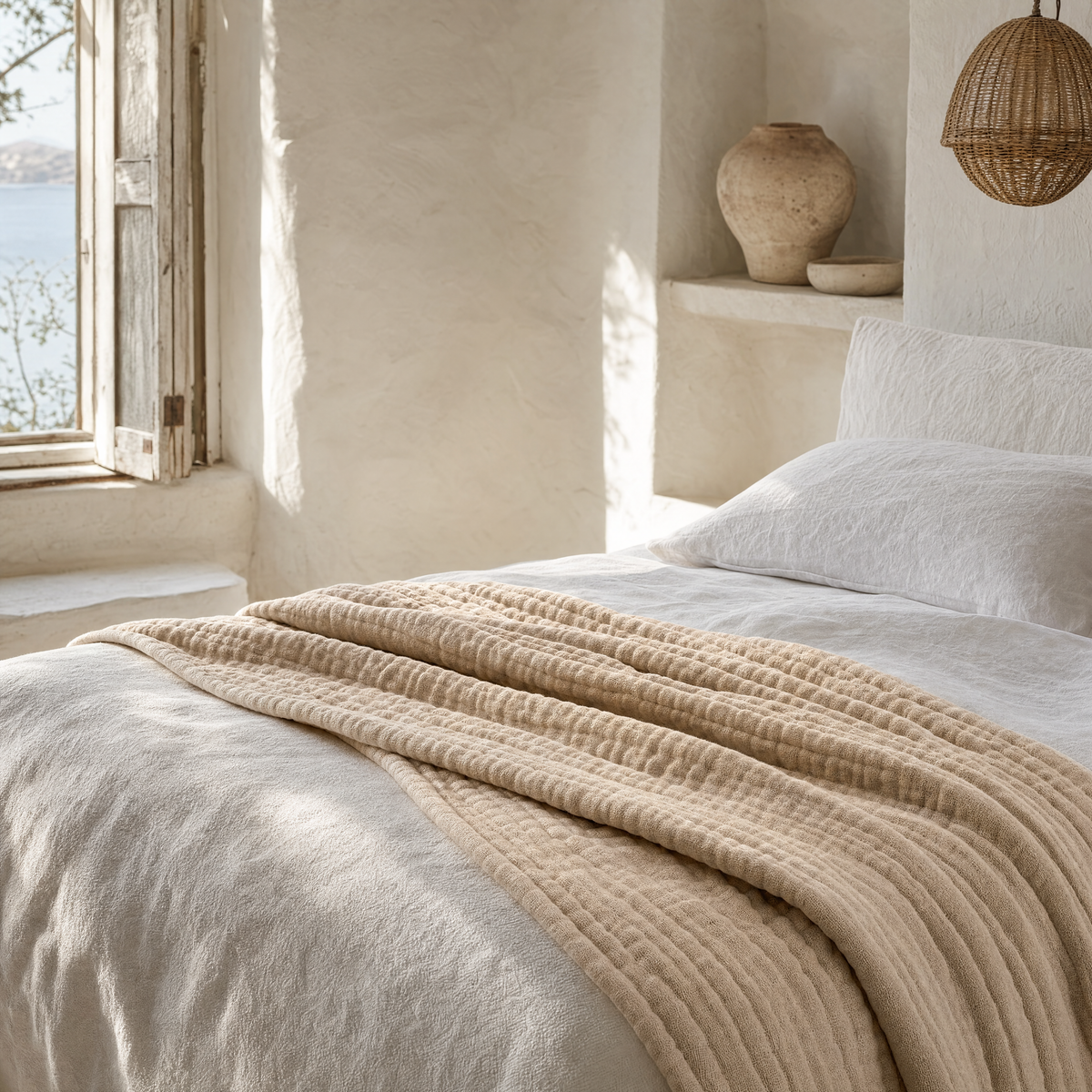 Muslin blanket draped across a white linen bed