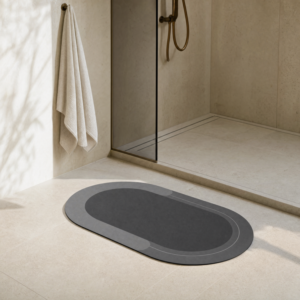 Pebble bath mat outside a walk-in shower
