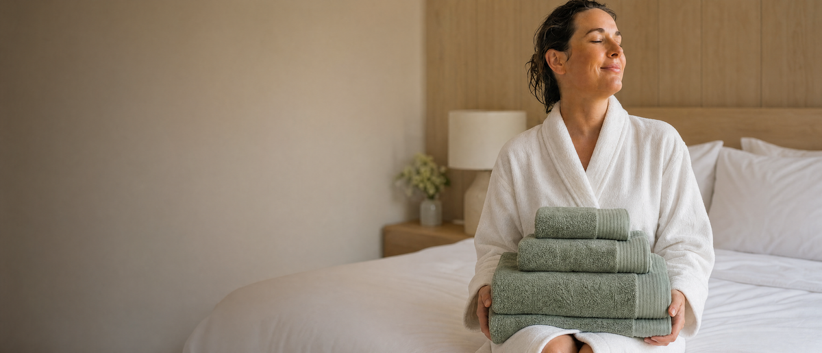 Woman holding a stack of Truenova towels