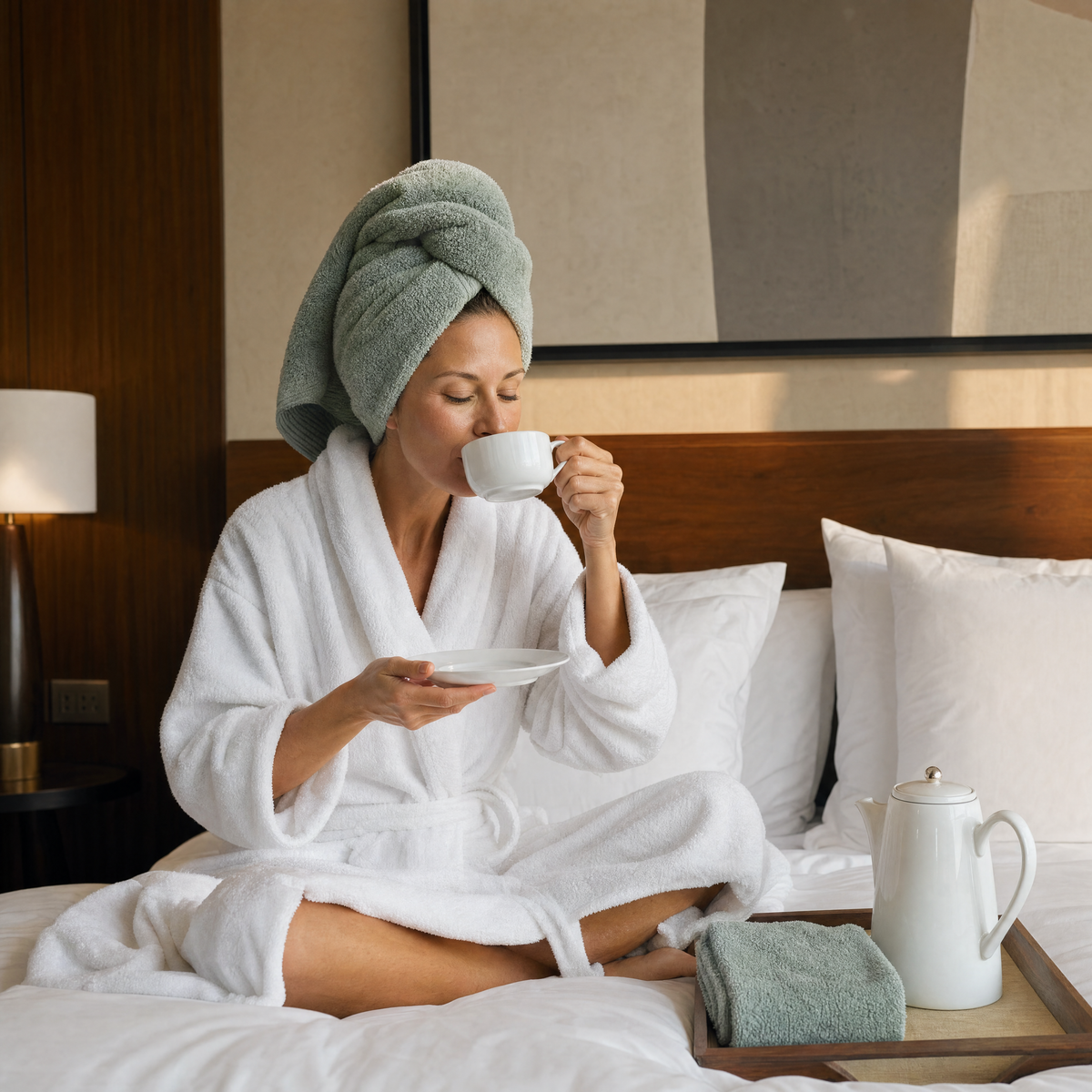 Woman in a robe with her hair in a sage towel, sipping coffee in bed