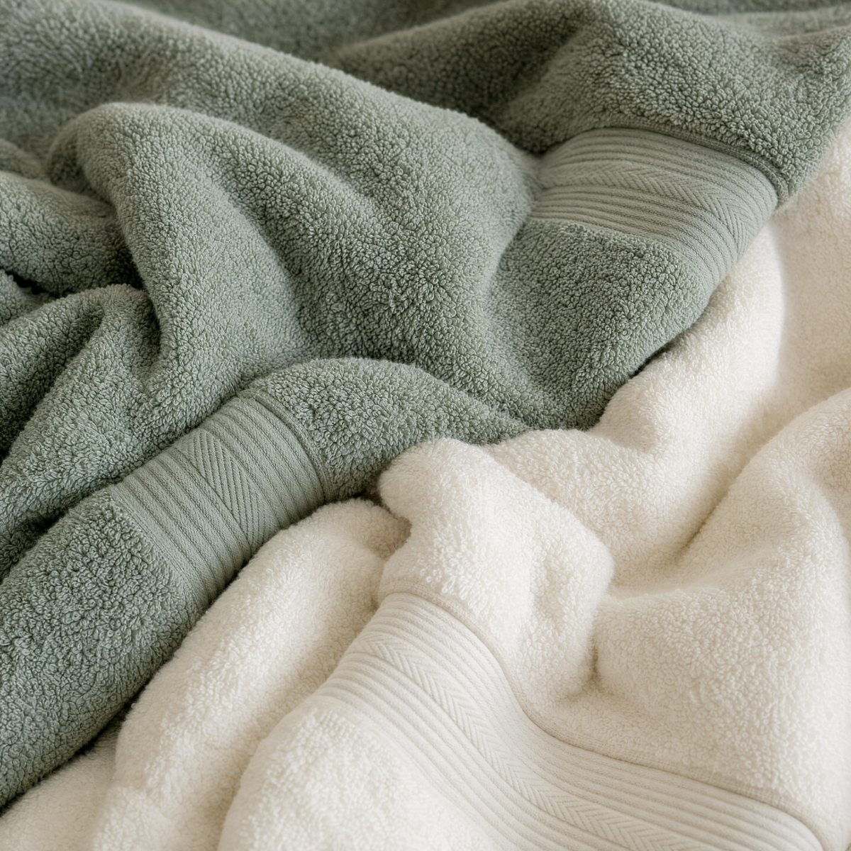 Sage and white cotton towels softly folded
