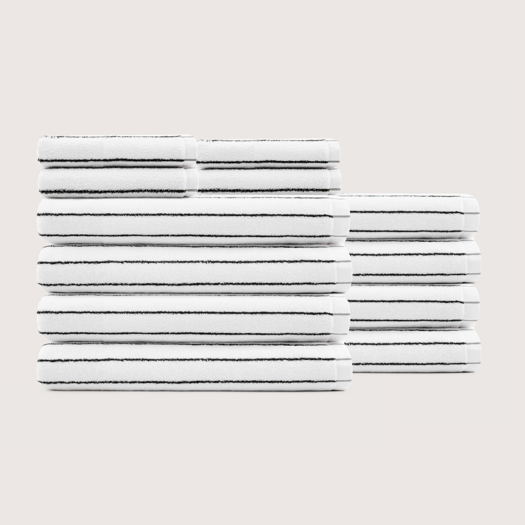 Truenova Ultrasoft 12-Piece Luxe Towel Set with bath towels, in Cloud White & Black stripe