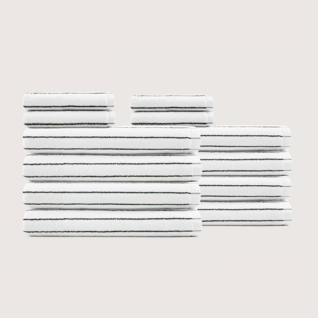 Truenova Ultrasoft 12-Piece Luxe Towel Set with bath towels, in Cloud White & Olive Green stripe