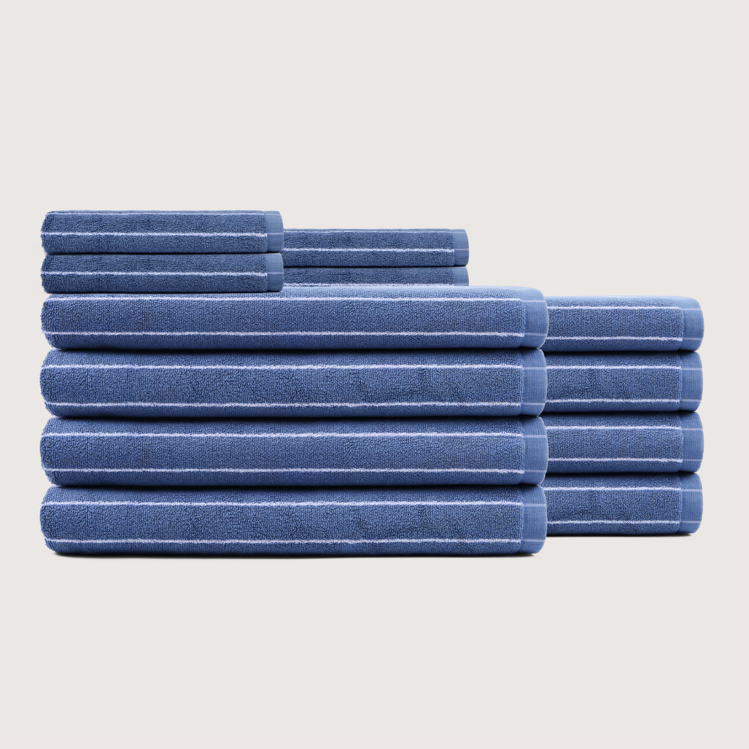 Truenova Ultrasoft 12-Piece Luxe Towel Set with bath sheets, in Lapiz Blue & White stripe