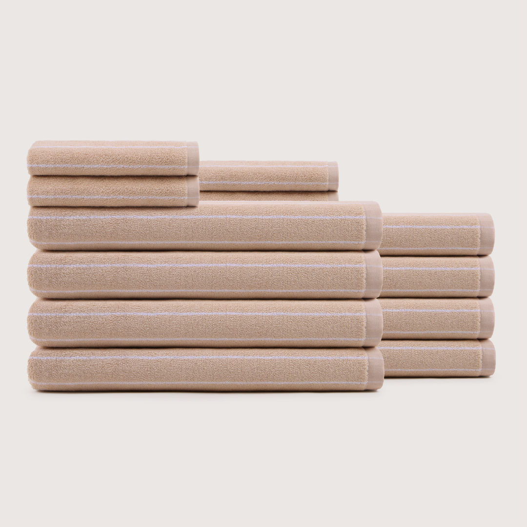 Truenova Ultrasoft 12-Piece Luxe Towel Set with bath sheets, in Sand & White stripe