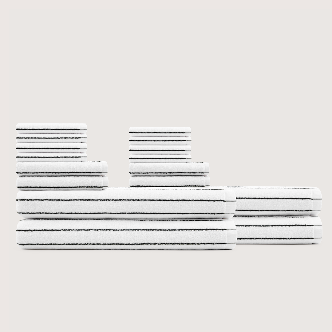 Truenova Ultrasoft 16-Piece Family Towel Set with bath sheets, in Cloud White & Black stripe