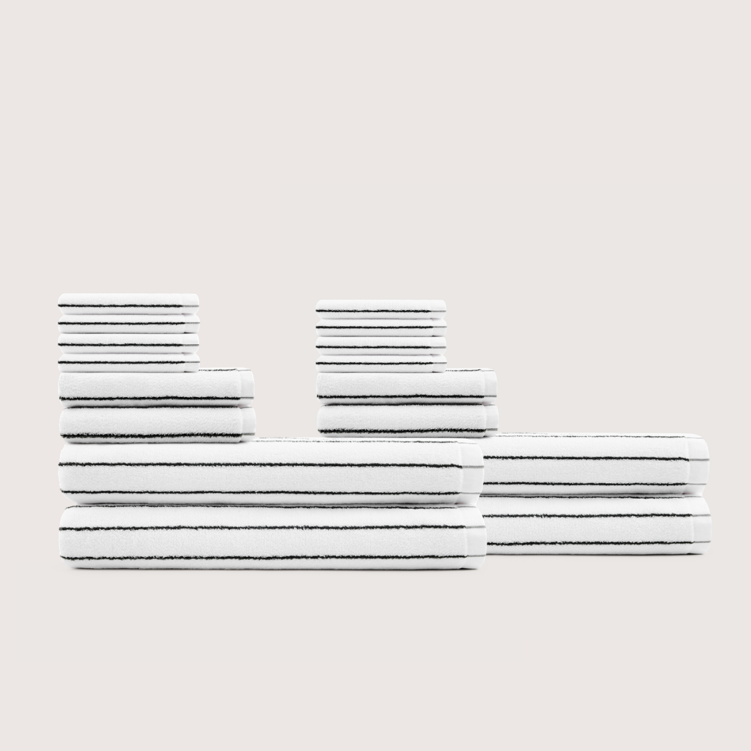 Truenova Ultrasoft 16-Piece Family Towel Set with bath towels, in Cloud White & Black stripe