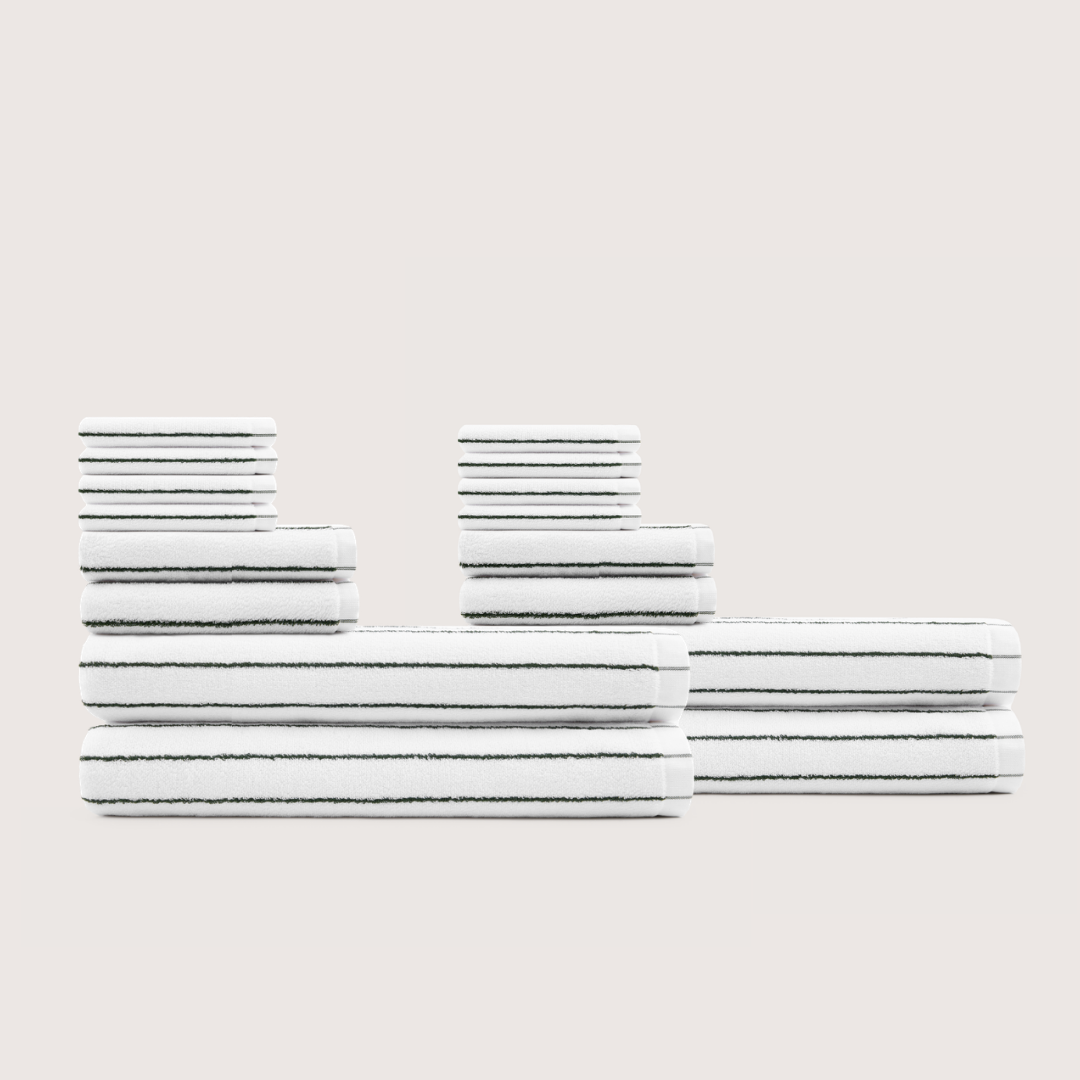 Truenova Ultrasoft 16-Piece Family Towel Set with bath towels, in Cloud White & Olive Green stripe