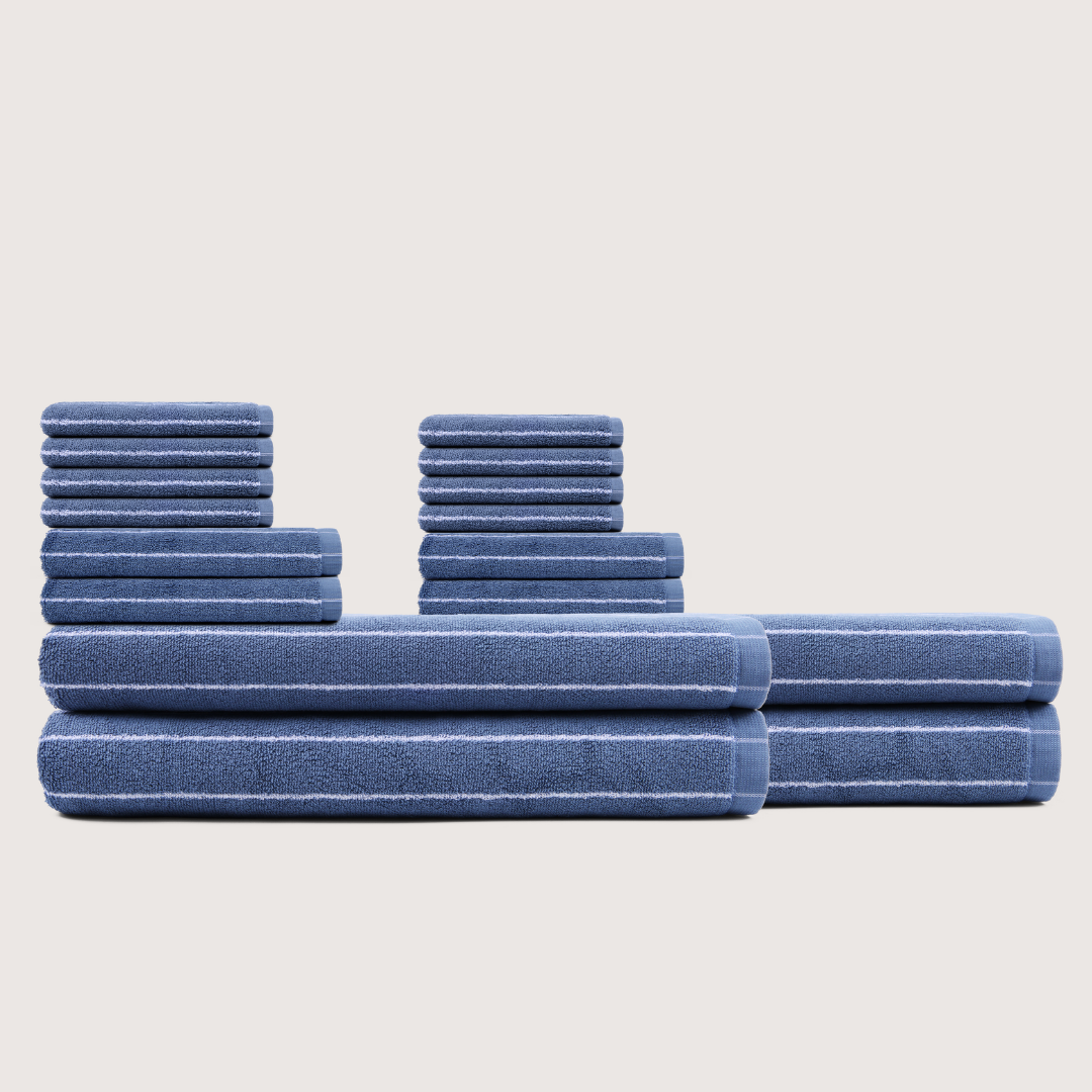 Truenova Ultrasoft 16-Piece Family Towel Set with bath sheets, in Lapiz Blue & White stripe