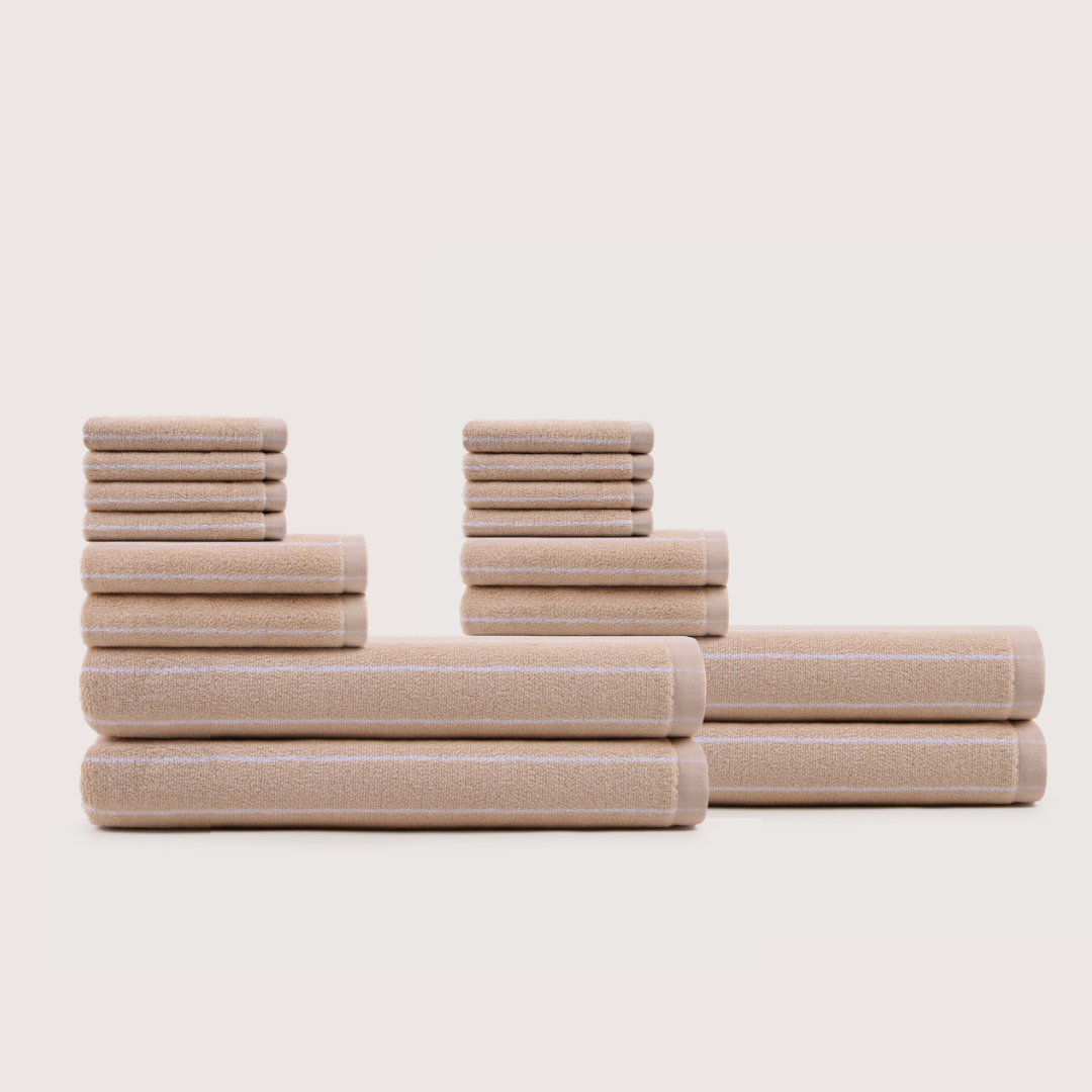 Truenova Ultrasoft 16-Piece Family Towel Set with bath towels, in Sand & White stripe