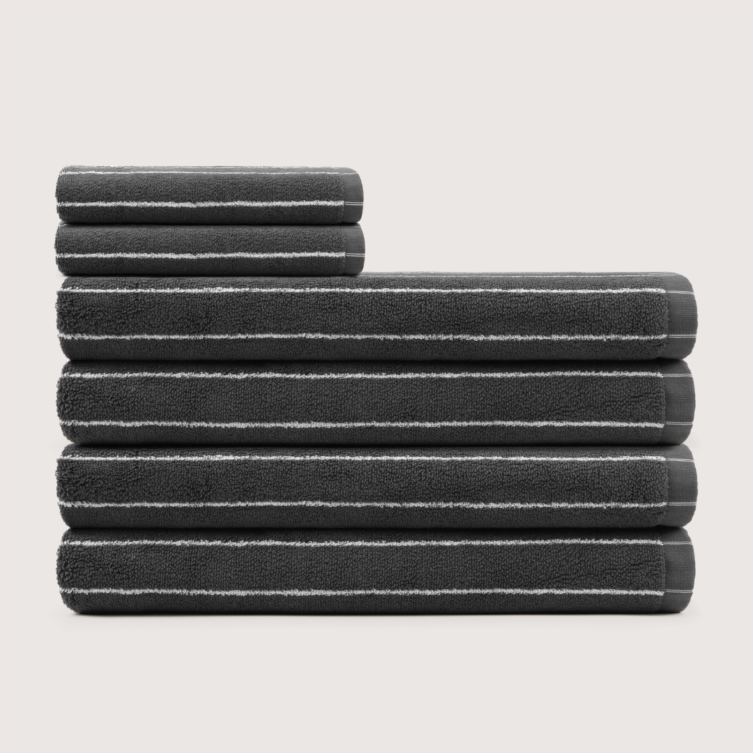 Truenova Ultrasoft 6-Piece Spa Towel Set with bath sheets, in Charcoal & White stripe