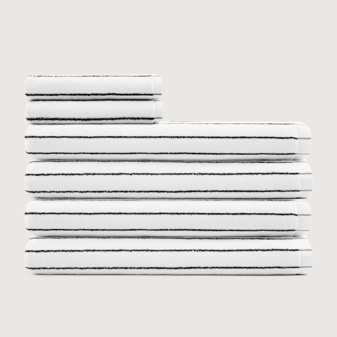 Truenova Ultrasoft 6-Piece Spa Towel Set with bath sheets, in Cloud White & Black stripe