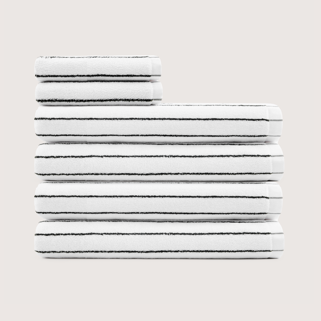 Truenova Ultrasoft 6-Piece Spa Towel Set with bath towels, in Cloud White & Black stripe