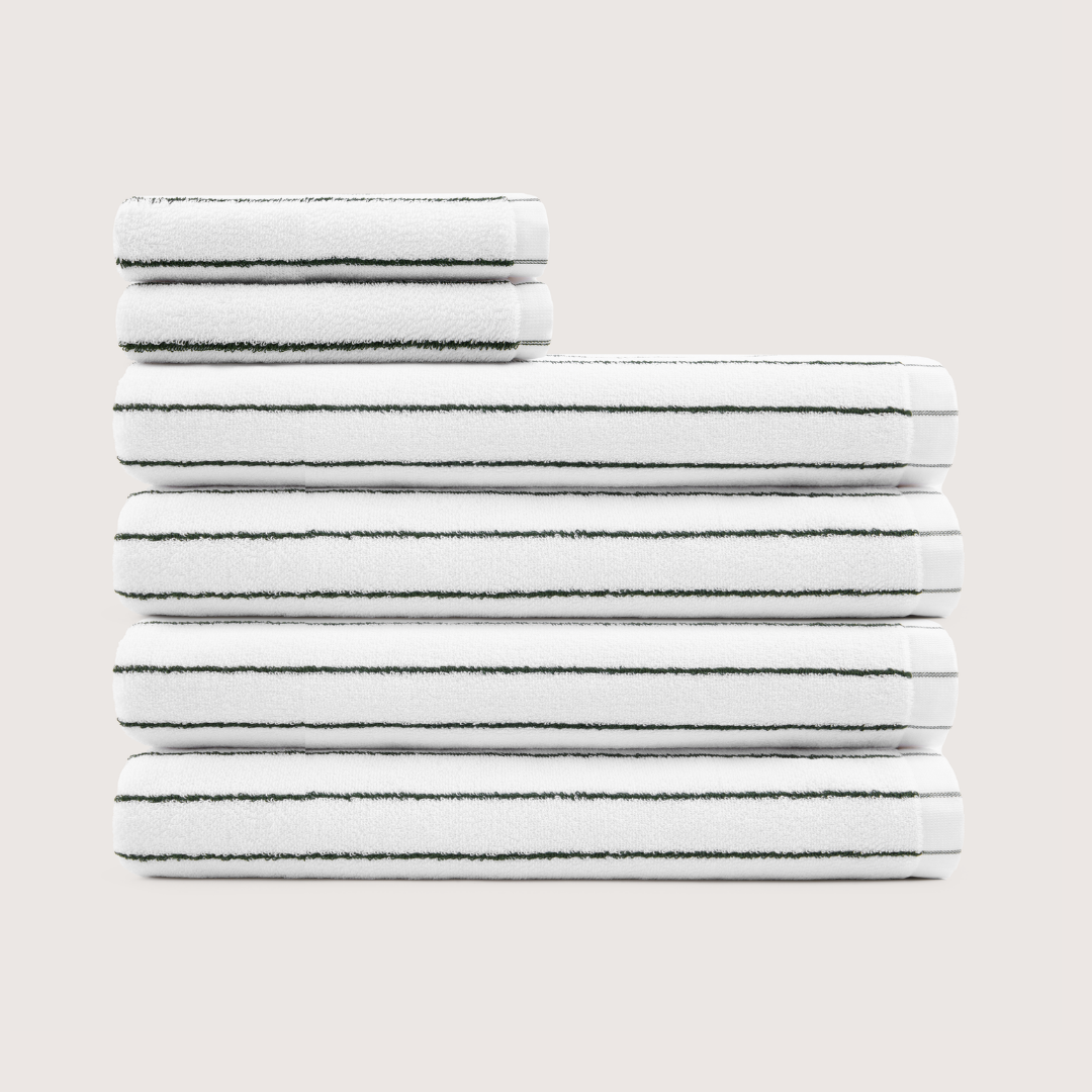 Truenova Ultrasoft 6-Piece Spa Towel Set with bath towels, in Cloud White & Olive Green stripe