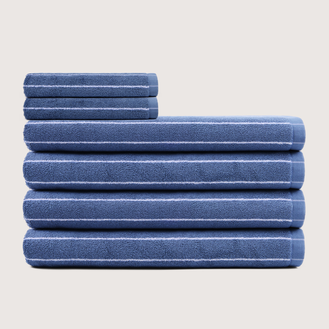 Truenova Ultrasoft 6-Piece Spa Towel Set with bath sheets, in Lapiz Blue & White stripe