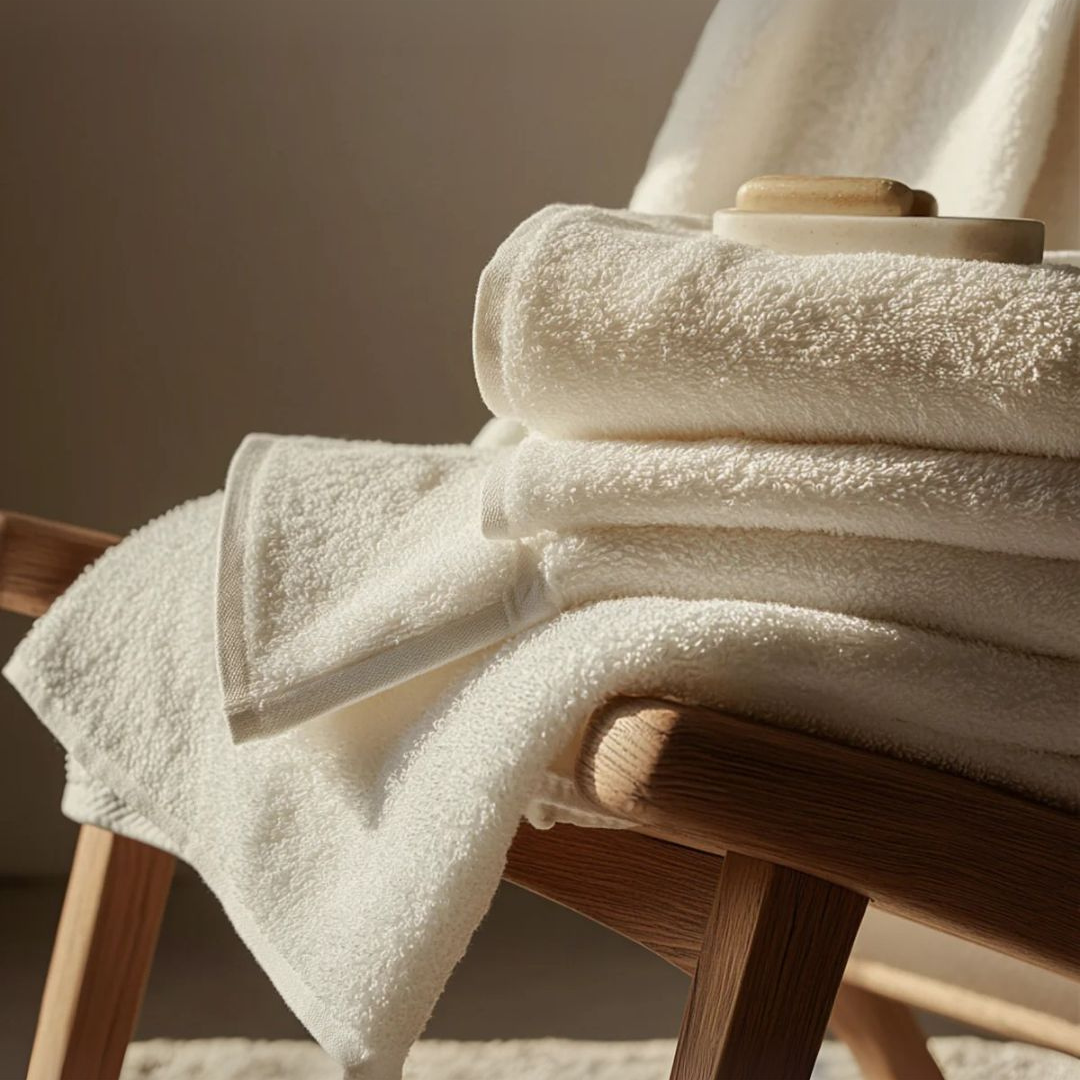 Soft cream Truenova cotton towels draped over a wooden chair