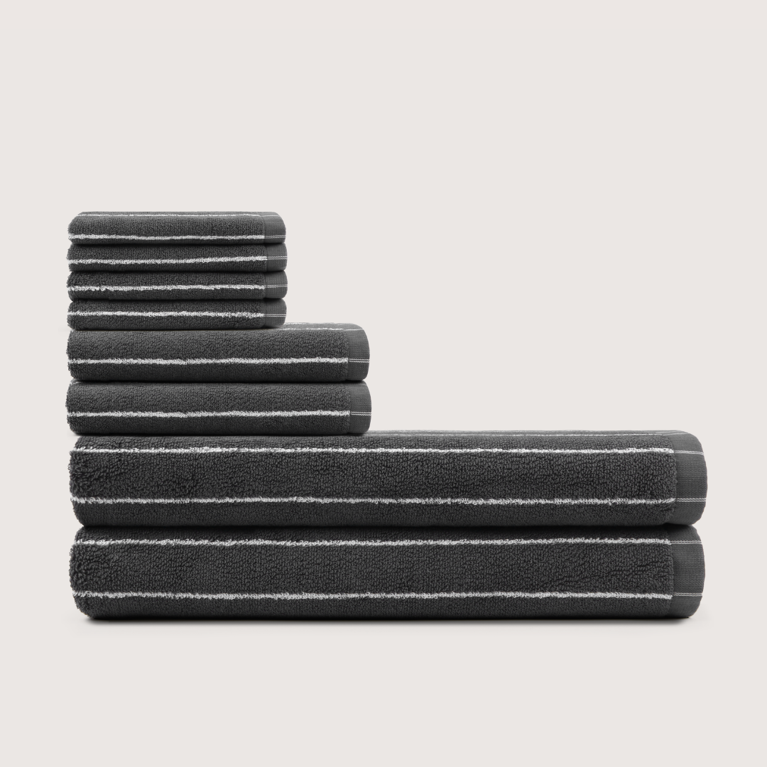 Truenova Ultrasoft 8-Piece Bath Towel Set with bath towels, in Charcoal & White stripe