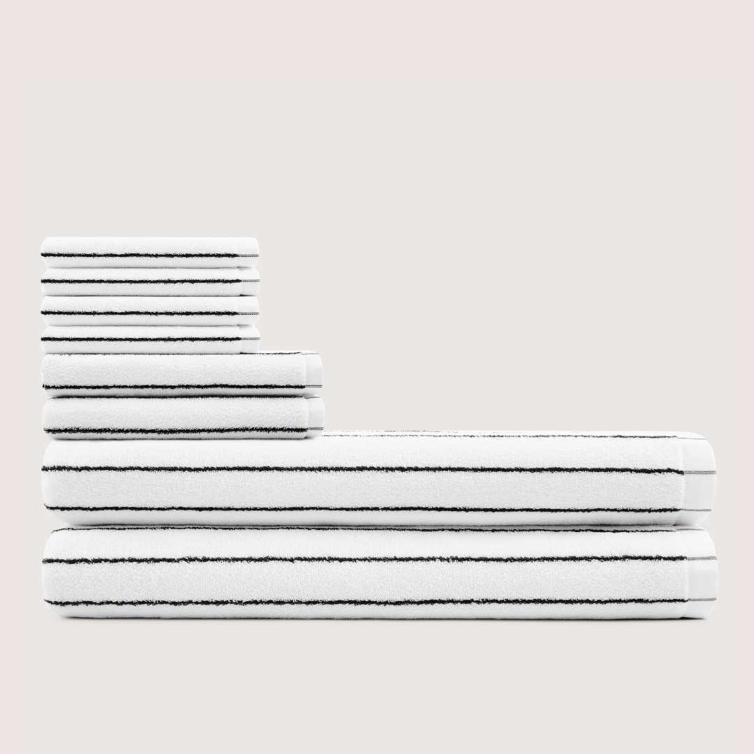 Truenova Ultrasoft 8-Piece Bath Towel Set with bath sheets, in Cloud White & Black stripe