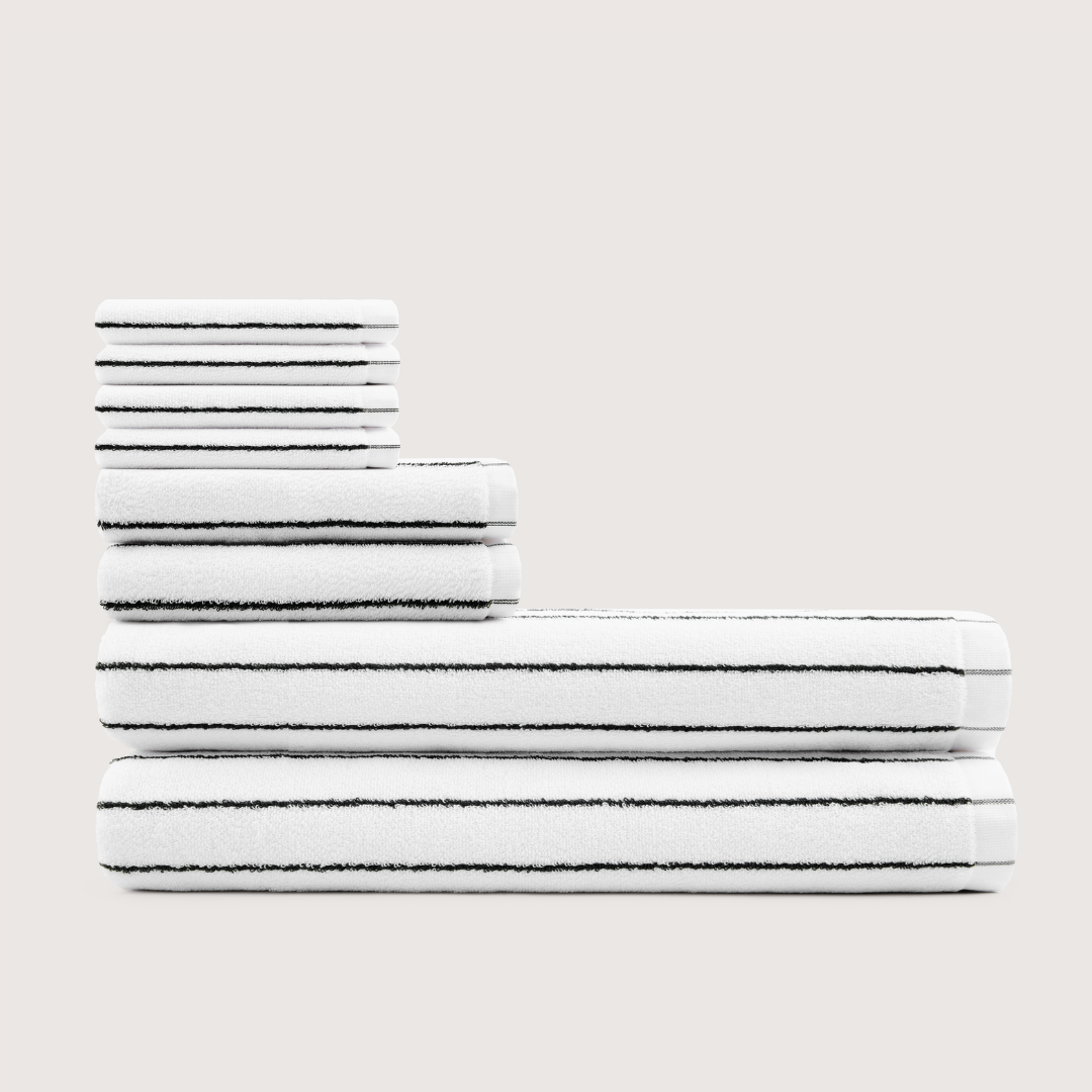 Truenova Ultrasoft 8-Piece Bath Towel Set with bath towels, in Cloud White & Black stripe