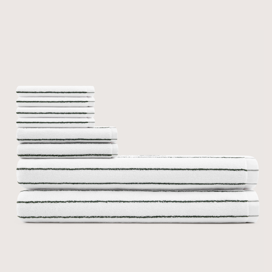 Truenova Ultrasoft 8-Piece Bath Towel Set with bath sheets, in Cloud White & Olive Green stripe