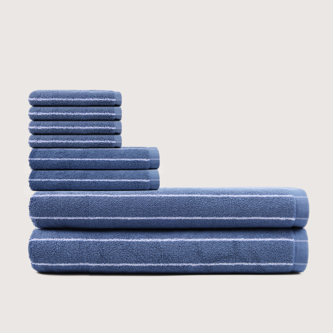 Truenova Ultrasoft 8-Piece Bath Towel Set with bath towels, in Lapiz Blue & White stripe