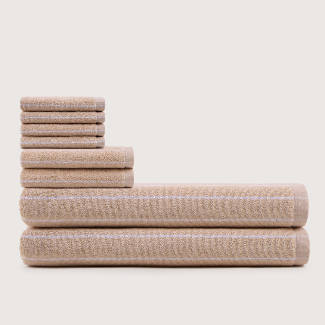 Truenova Ultrasoft 8-Piece Bath Towel Set with bath sheets, in Sand & White stripe
