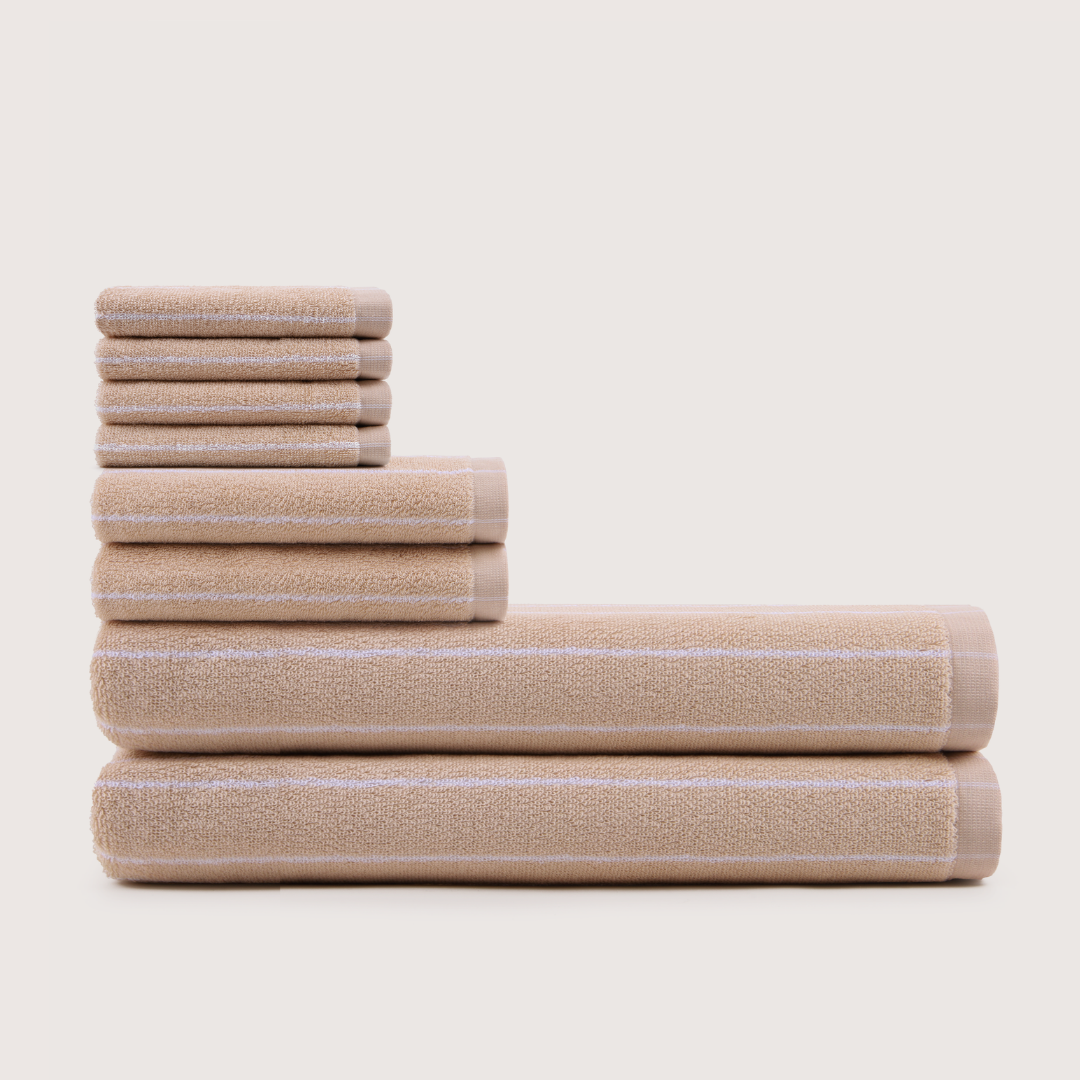 Truenova Ultrasoft 8-Piece Bath Towel Set with bath towels, in Sand & White stripe