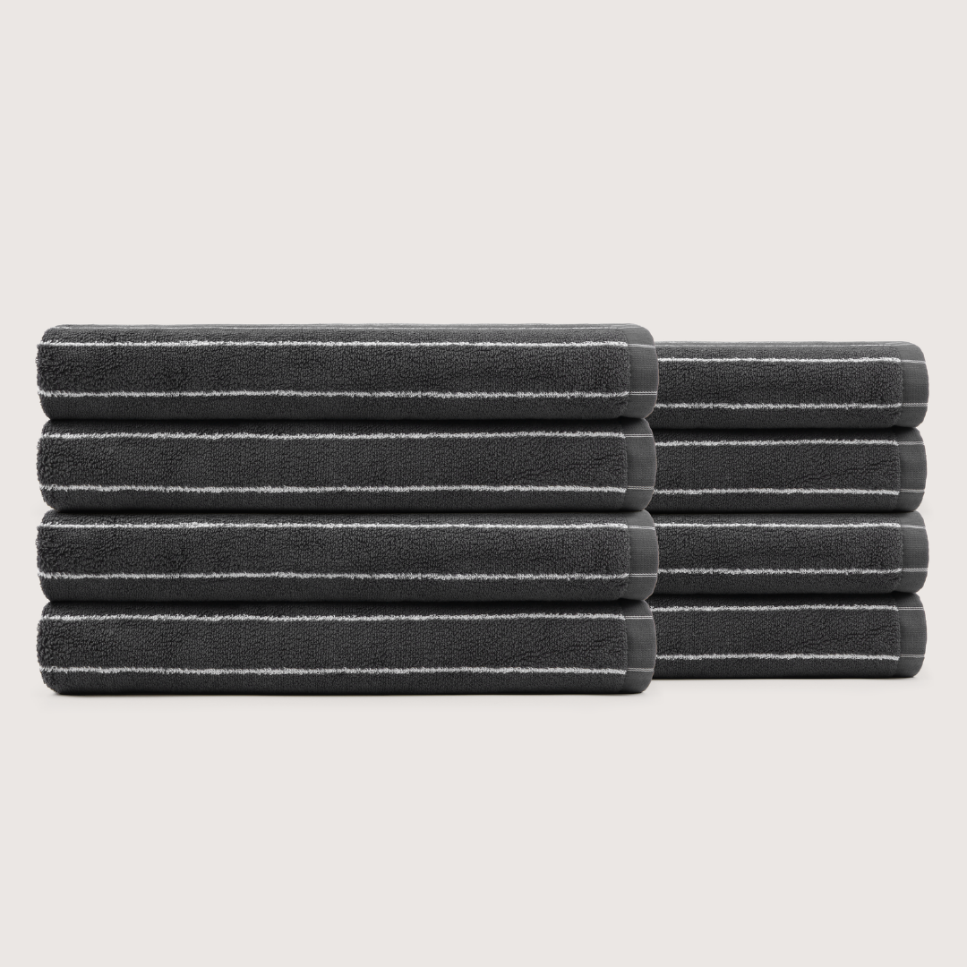 Pack of 8 Truenova Ultrasoft cotton bath sheets in Charcoal & White stripe